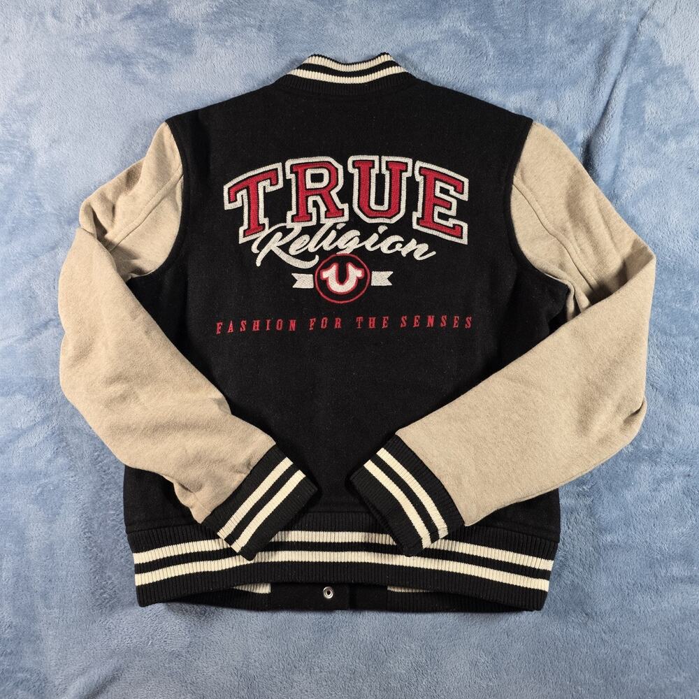True Religion Women’s S Varsity Jacket Wool Blend Embroidered Black Gray
